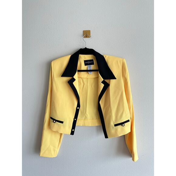 Vintage 80s Yellow Cropped Blazer w/ Black Trim | 80s Secretary Chic Jacket - Picture 2 of 6